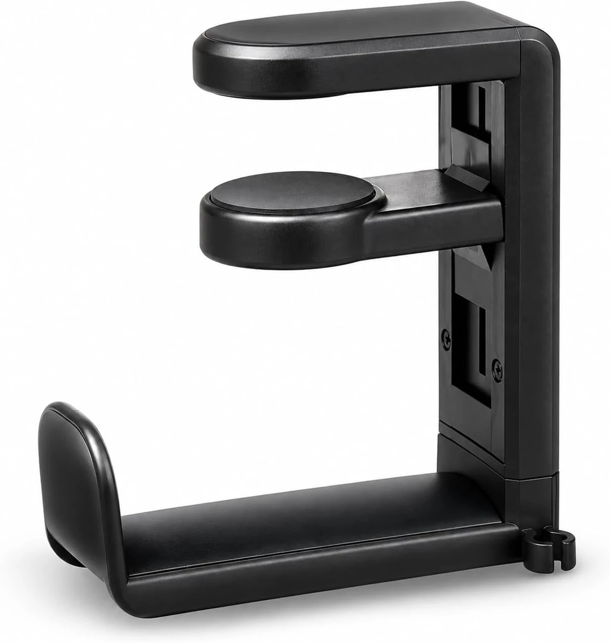 Black under-desk headphone hanger with adjustable clamp
