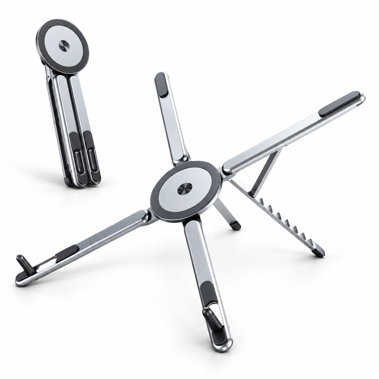 Silver foldable magnetic tripod stand shown folded and opened