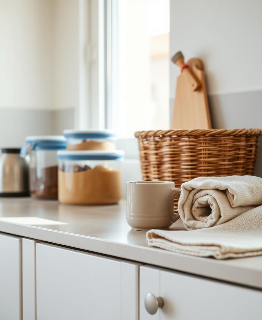 Kitchen counter with storage containers, a woven basket and a linen towel