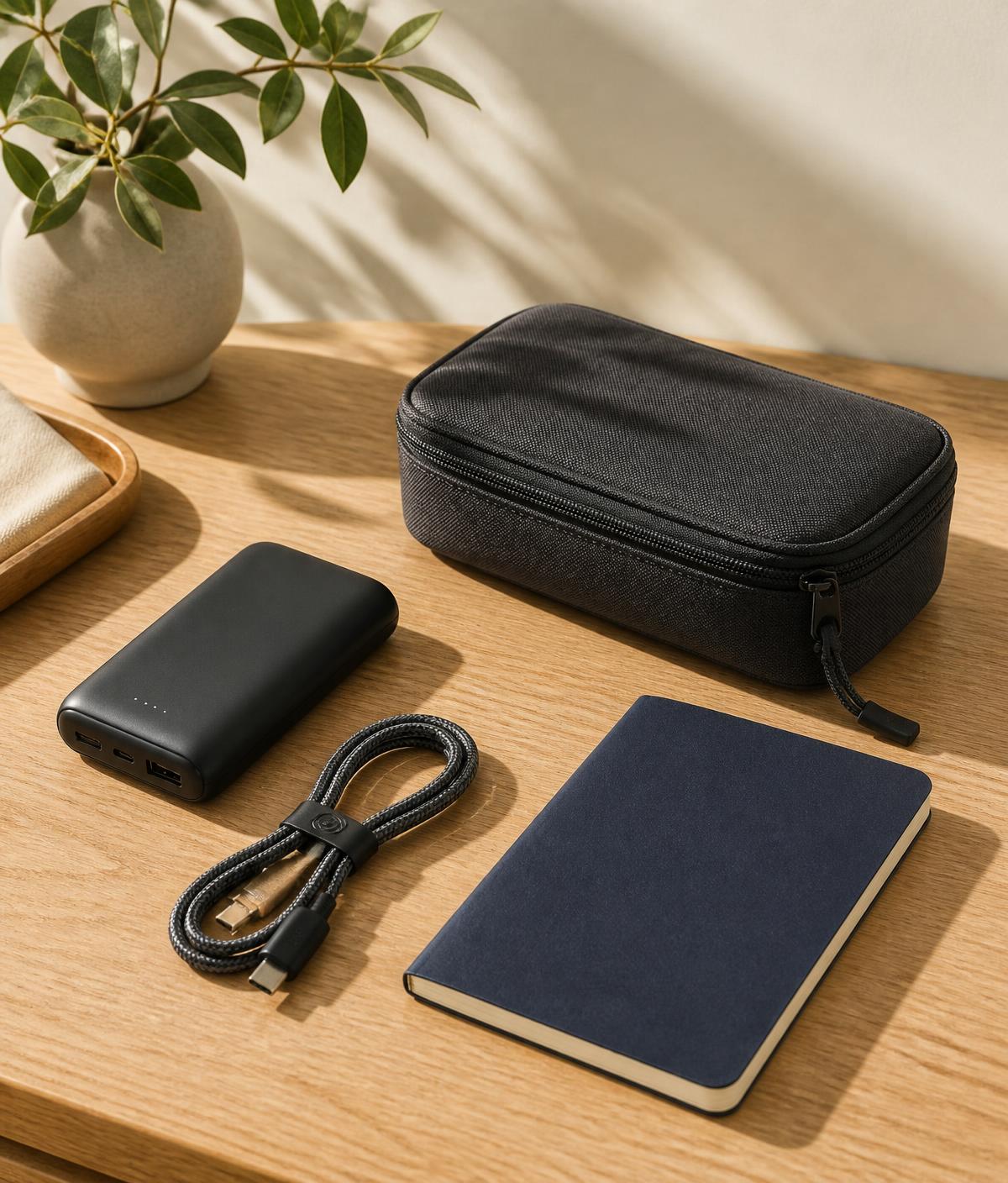 Everyday essentials — a compact power bank, braided cable, notebook and travel pouch on a light oak table
