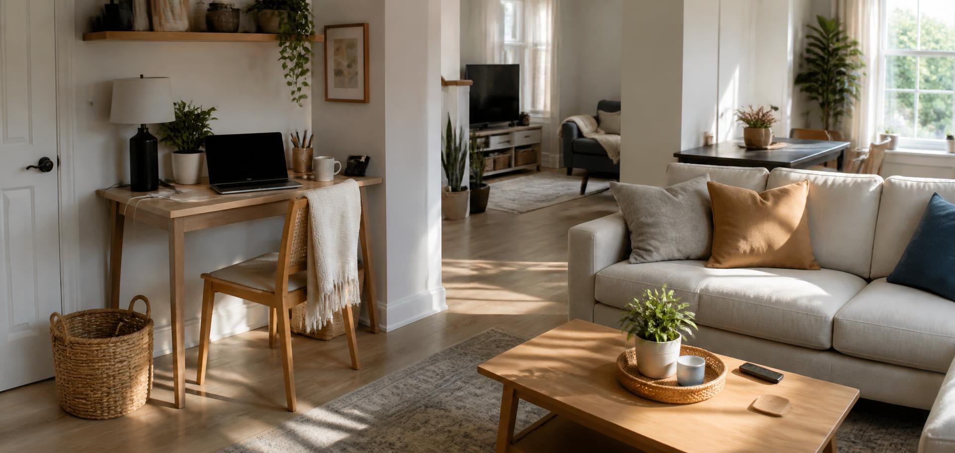 A sunlit contemporary living room with a small desk, laptop, basket and everyday objects